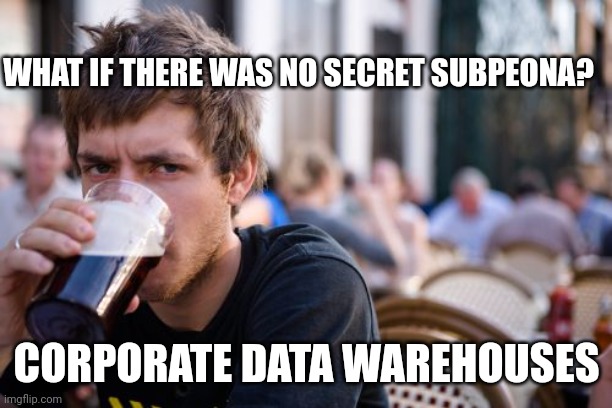 Lazy College Senior Meme | WHAT IF THERE WAS NO SECRET SUBPEONA? CORPORATE DATA WAREHOUSES | image tagged in memes,lazy college senior | made w/ Imgflip meme maker