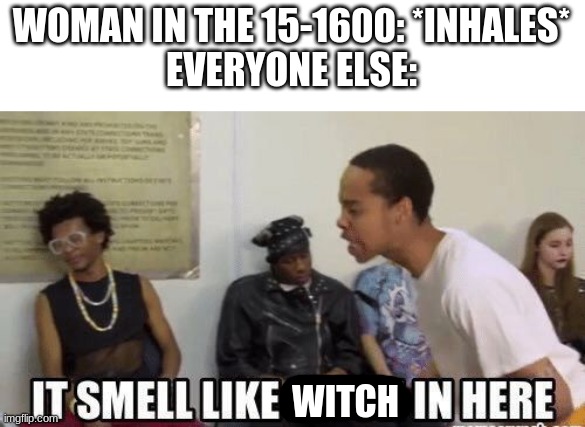 *Insert clever title* | WOMAN IN THE 15-1600: *INHALES*
EVERYONE ELSE:; WITCH | image tagged in it smell like bitch in here | made w/ Imgflip meme maker