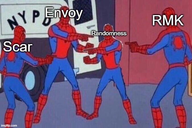 Multiple spiderman | Envoy Scar RMK Randomness | image tagged in multiple spiderman | made w/ Imgflip meme maker