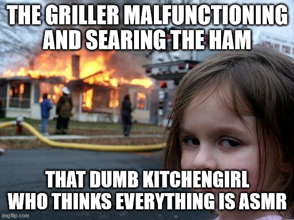 ASMR NOT REALLY | THE GRILLER MALFUNCTIONING AND SEARING THE HAM; THAT DUMB KITCHENGIRL WHO THINKS EVERYTHING IS ASMR | image tagged in memes,disaster girl | made w/ Imgflip meme maker