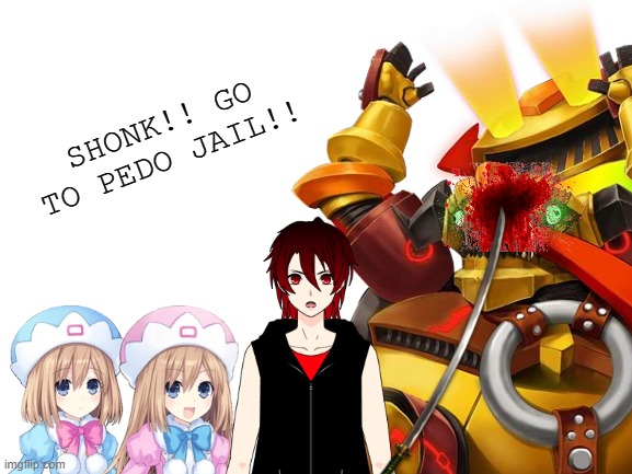 Protect Rom and Ram from this Pedo Transformer!!! |  SHONK!! GO TO PEDO JAIL!! | image tagged in hyperdimension neptunia,anime,loli | made w/ Imgflip meme maker