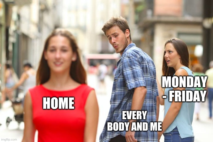 Distracted Boyfriend | MONDAY - FRIDAY; HOME; EVERY BODY AND ME | image tagged in memes,distracted boyfriend | made w/ Imgflip meme maker