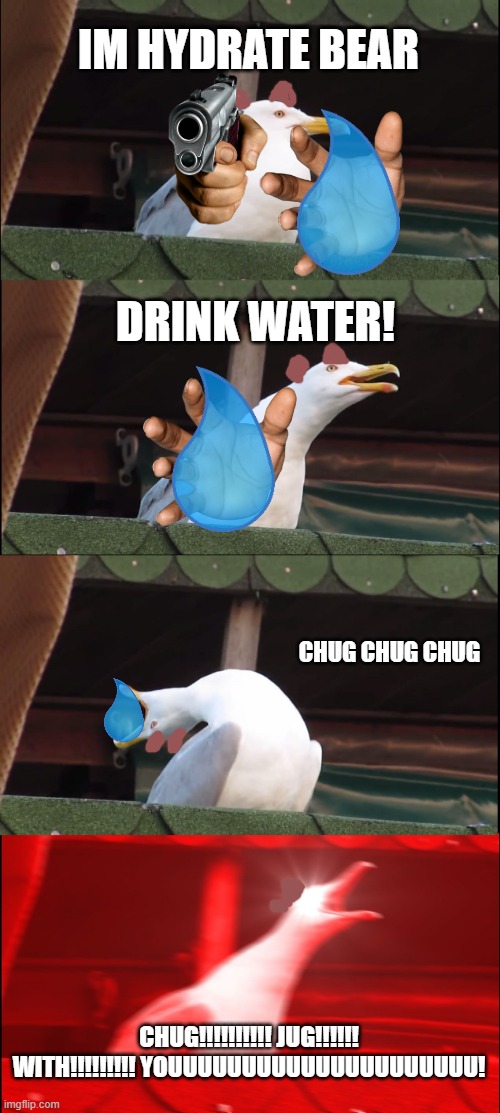 Inhaling Seagull Meme | IM HYDRATE BEAR; DRINK WATER! CHUG CHUG CHUG; CHUG!!!!!!!!!! JUG!!!!!! WITH!!!!!!!!! YOUUUUUUUUUUUUUUUUUUUUU! | image tagged in memes,inhaling seagull | made w/ Imgflip meme maker