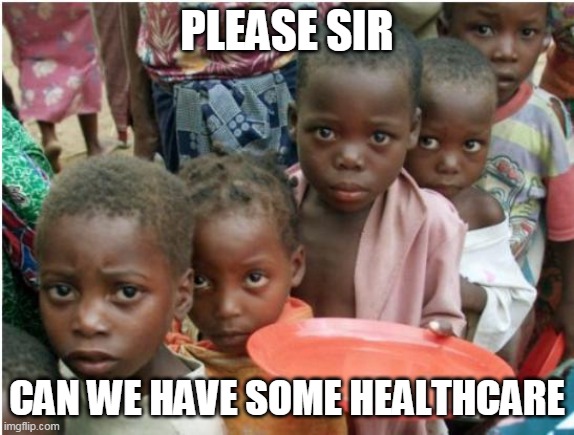hungry african children | PLEASE SIR CAN WE HAVE SOME HEALTHCARE | image tagged in hungry african children | made w/ Imgflip meme maker