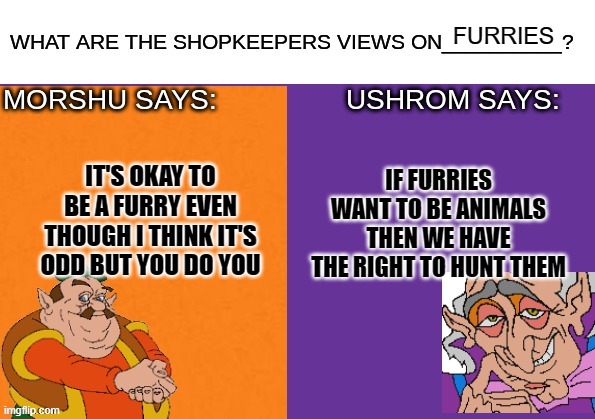 the shopkeepers views on | FURRIES; IF FURRIES WANT TO BE ANIMALS THEN WE HAVE THE RIGHT TO HUNT THEM; IT'S OKAY TO BE A FURRY EVEN THOUGH I THINK IT'S ODD BUT YOU DO YOU | image tagged in the shopkeepers views on | made w/ Imgflip meme maker