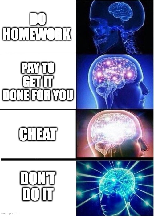 Expanding Brain | DO HOMEWORK; PAY TO GET IT DONE FOR YOU; CHEAT; DON'T DO IT | image tagged in memes,expanding brain | made w/ Imgflip meme maker