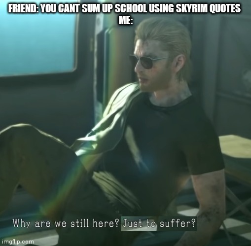 This is skyrim right | FRIEND: YOU CANT SUM UP SCHOOL USING SKYRIM QUOTES 
ME: | image tagged in why are we here | made w/ Imgflip meme maker