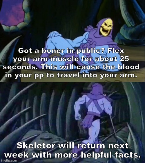 it works trust me | Got a boner in public? Flex your arm muscle for about 25 seconds. This will cause the blood in your pp to travel into your arm. Skeletor will return next week with more helpful facts. | image tagged in skeletor disturbing facts,dank memes | made w/ Imgflip meme maker