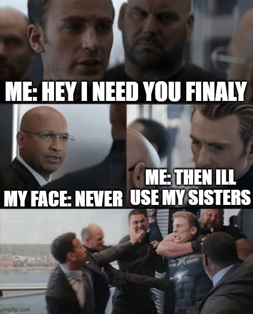 hi | ME: HEY I NEED YOU FINALY; ME: THEN ILL USE MY SISTERS; MY FACE: NEVER | image tagged in captain america elevator fight | made w/ Imgflip meme maker