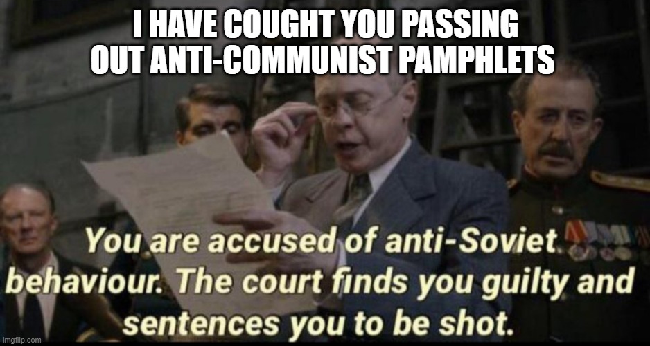 You are accused of anti-soviet behavior | I HAVE COUGHT YOU PASSING OUT ANTI-COMMUNIST PAMPHLETS | image tagged in you are accused of anti-soviet behavior | made w/ Imgflip meme maker