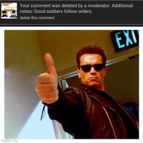 (mod note: they asked me to delete their comments) Wallhammer: yes | image tagged in terminator thumbs up | made w/ Imgflip meme maker