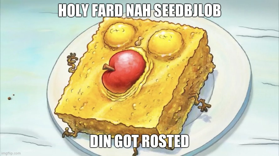 Spunch bob | HOLY FARD NAH SEEDBJLOB; DIN GOT ROSTED | image tagged in spunch bob | made w/ Imgflip meme maker