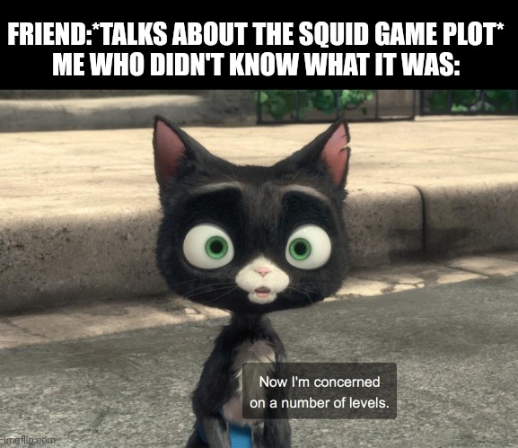 Now i am concerned on a number of levels | FRIEND:*TALKS ABOUT THE SQUID GAME PLOT*
ME WHO DIDN'T KNOW WHAT IT WAS: | image tagged in now i am concerned on a number of levels | made w/ Imgflip meme maker