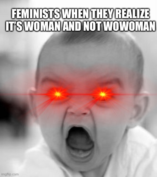 Anger | FEMINISTS WHEN THEY REALIZE IT’S WOMAN AND NOT WOWOMAN | image tagged in memes,angry baby,feminism | made w/ Imgflip meme maker