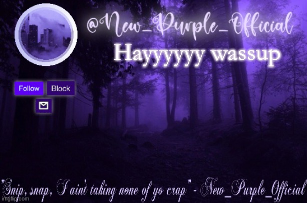 Purple's Announcement | Hayyyyyy wassup | image tagged in purple's announcement | made w/ Imgflip meme maker