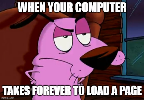 Displeased Courage | WHEN YOUR COMPUTER; TAKES FOREVER TO LOAD A PAGE | image tagged in displeased courage | made w/ Imgflip meme maker