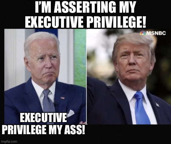 Biden declines Trump request to withhold White House records from Jan. 6 committee. | I’M ASSERTING MY EXECUTIVE PRIVILEGE! EXECUTIVE PRIVILEGE MY ASS! | image tagged in executive privilege,lmao,joe biden,donald trump,kiss my ass,donald trump the clown | made w/ Imgflip meme maker