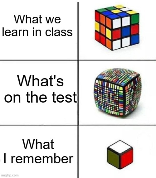 Rubik's Cube Comparison | What we learn in class; What's on the test; What I remember | image tagged in rubik's cube comparison | made w/ Imgflip meme maker