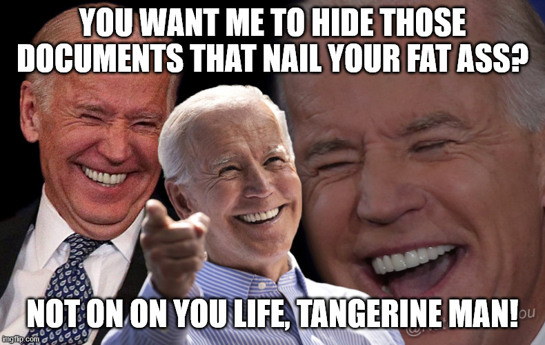 Joe Biden Laughing | YOU WANT ME TO HIDE THOSE DOCUMENTS THAT NAIL YOUR FAT ASS? NOT ON ON YOU LIFE, TANGERINE MAN! | image tagged in joe biden laughing | made w/ Imgflip meme maker