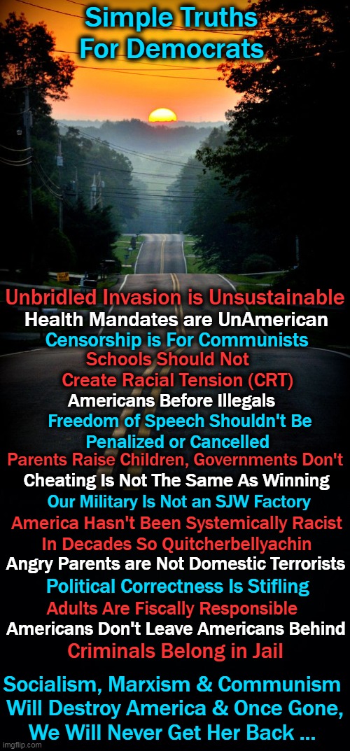 Americans Will Be Taking Out The Trash on November 8, 2022 | Simple Truths
For Democrats; Unbridled Invasion is Unsustainable; Health Mandates are UnAmerican; Censorship is For Communists; Schools Should Not    
Create Racial Tension (CRT); Americans Before Illegals; Freedom of Speech Shouldn't Be
Penalized or Cancelled; Parents Raise Children, Governments Don't; Cheating Is Not The Same As Winning; Our Military Is Not an SJW Factory; America Hasn't Been Systemically Racist 
In Decades So Quitcherbellyachin; Angry Parents are Not Domestic Terrorists; Political Correctness Is Stifling; Adults Are Fiscally Responsible; Americans Don't Leave Americans Behind; Criminals Belong in Jail; Socialism, Marxism & Communism 
Will Destroy America & Once Gone,
We Will Never Get Her Back ... | image tagged in political meme,democrats,the truth,america,good vs evil | made w/ Imgflip meme maker