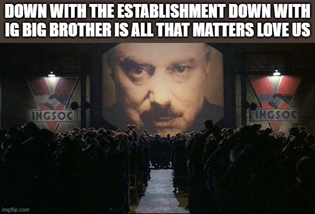Down with the establishment | DOWN WITH THE ESTABLISHMENT DOWN WITH IG BIG BROTHER IS ALL THAT MATTERS LOVE US | image tagged in big brother 1984 | made w/ Imgflip meme maker