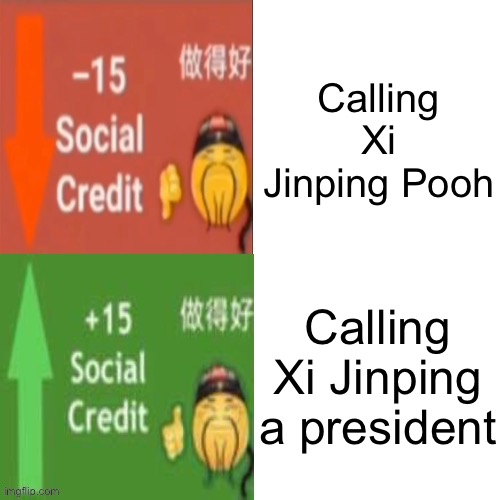 Sussy Credit | Calling Xi Jinping Pooh; Calling Xi Jinping a president | image tagged in social credit | made w/ Imgflip meme maker