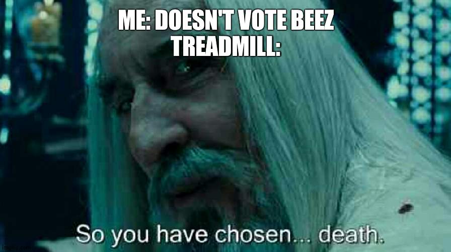 It shred my hands and knees since I made it too fast | ME: DOESN'T VOTE BEEZ
TREADMILL: | image tagged in so you have chosen death | made w/ Imgflip meme maker