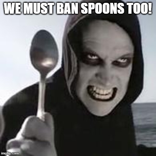 horiible murder with a spoon | WE MUST BAN SPOONS TOO! | image tagged in horiible murder with a spoon | made w/ Imgflip meme maker