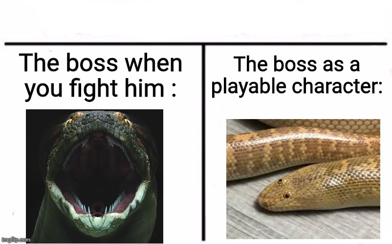 Search up Arabian sand boa | The boss when you fight him :; The boss as a playable character: | image tagged in memes,snek | made w/ Imgflip meme maker
