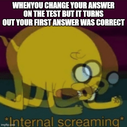 I hate when this happens... | WHENYOU CHANGE YOUR ANSWER ON THE TEST BUT IT TURNS OUT YOUR FIRST ANSWER WAS CORRECT | image tagged in jake the dog internal screaming | made w/ Imgflip meme maker