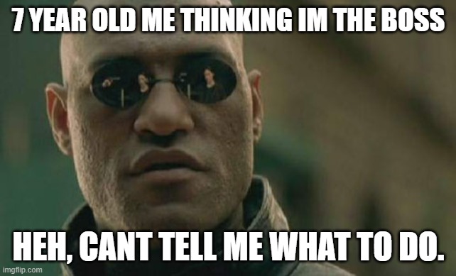 Matrix Morpheus | 7 YEAR OLD ME THINKING IM THE BOSS; HEH, CANT TELL ME WHAT TO DO. | image tagged in memes,matrix morpheus | made w/ Imgflip meme maker