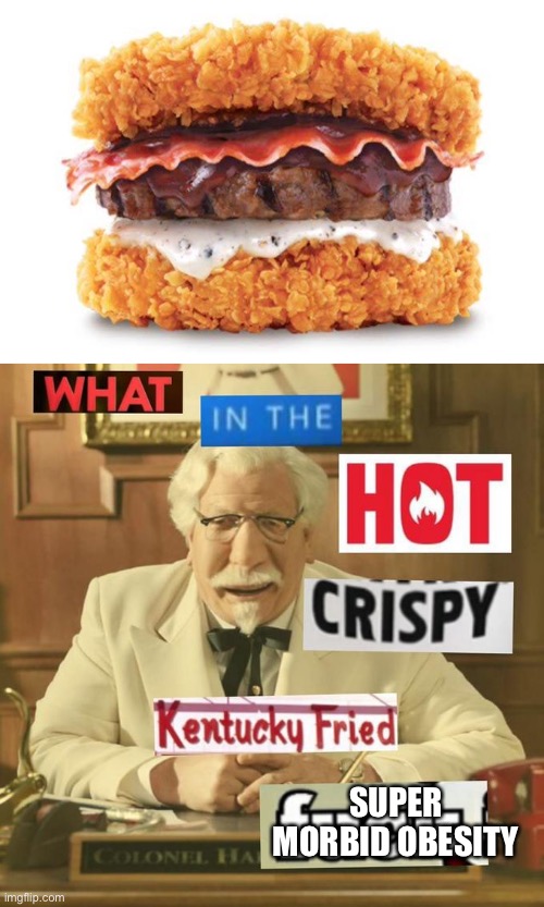 Super morbid obesity burger | SUPER MORBID OBESITY | image tagged in what in the hot crispy kentucky fried frick,obese,morbid obesity,super morbid obesity,diabetes | made w/ Imgflip meme maker
