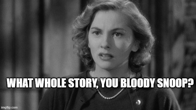What whole story? | WHAT WHOLE STORY, YOU BLOODY SNOOP? | image tagged in rebecca,joan fontaine | made w/ Imgflip meme maker