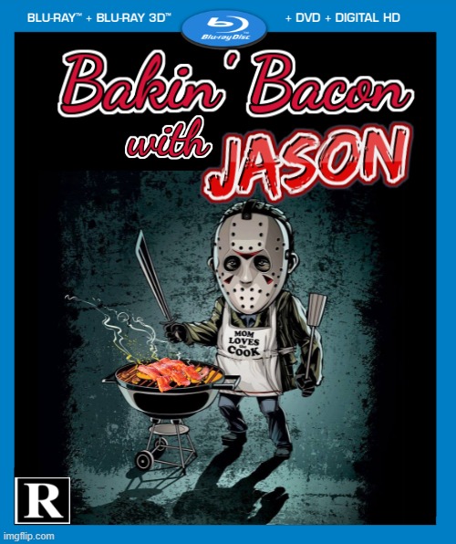 WATCH JASON SLASH UP SOME PIGS | image tagged in jason voorhees,friday the 13th,friday 13th jason,dvd,fake movies,cooking | made w/ Imgflip meme maker