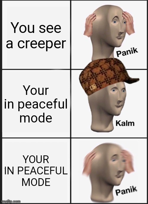 Minecraft... |  You see a creeper; Your in peaceful mode; YOUR IN PEACEFUL MODE | image tagged in memes,panik kalm panik | made w/ Imgflip meme maker