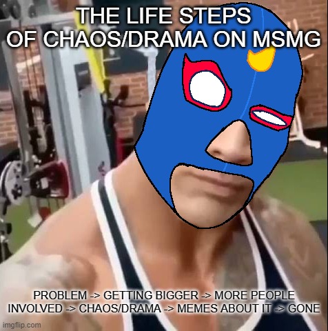 an interesting pattern | THE LIFE STEPS OF CHAOS/DRAMA ON MSMG; PROBLEM -> GETTING BIGGER -> MORE PEOPLE INVOLVED -> CHAOS/DRAMA -> MEMES ABOUT IT -> GONE | image tagged in el primo eyebrow | made w/ Imgflip meme maker