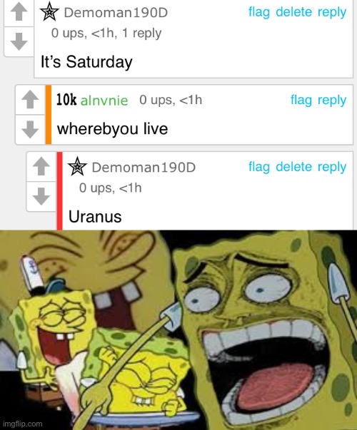 He can’t even spell bruh | image tagged in hysterical spongbob laughter | made w/ Imgflip meme maker