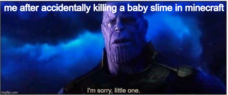 i'm so sorry squishi boi |  me after accidentally killing a baby slime in minecraft | image tagged in thanos i'm sorry little one | made w/ Imgflip meme maker