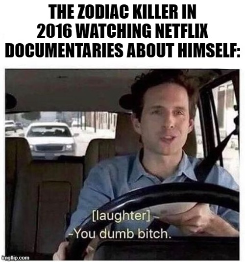 You dumb bitch | THE ZODIAC KILLER IN 2016 WATCHING NETFLIX DOCUMENTARIES ABOUT HIMSELF: | image tagged in you dumb bitch | made w/ Imgflip meme maker