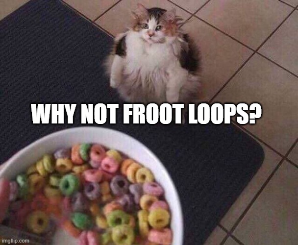 Fruit Loops | WHY NOT FROOT LOOPS? | image tagged in fruit loops | made w/ Imgflip meme maker