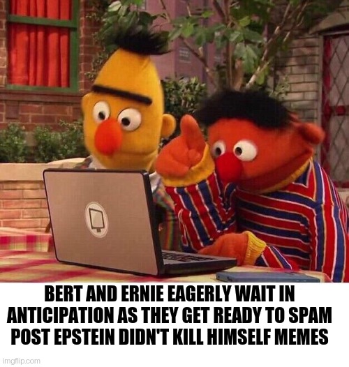 Bertstein | BERT AND ERNIE EAGERLY WAIT IN ANTICIPATION AS THEY GET READY TO SPAM POST EPSTEIN DIDN'T KILL HIMSELF MEMES | image tagged in bert and ernie computer,jeffrey epstein,epstein,social media | made w/ Imgflip meme maker