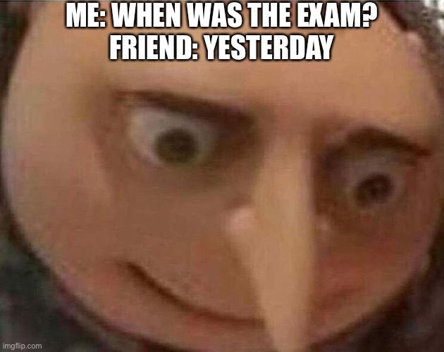 Lol | ME: WHEN WAS THE EXAM?
FRIEND: YESTERDAY | image tagged in gru meme | made w/ Imgflip meme maker