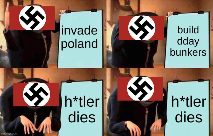 call of duty WWII be like: | invade poland; build dday bunkers; h*tler dies; h*tler dies | image tagged in memes,gru's plan | made w/ Imgflip meme maker