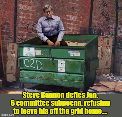Steve's Big Stand | Steve Bannon defies Jan. 6 committee subpoena, refusing to leave his off the grid home.... | image tagged in steve bannon,moron,donald trump,porky pig,trash can full | made w/ Imgflip meme maker