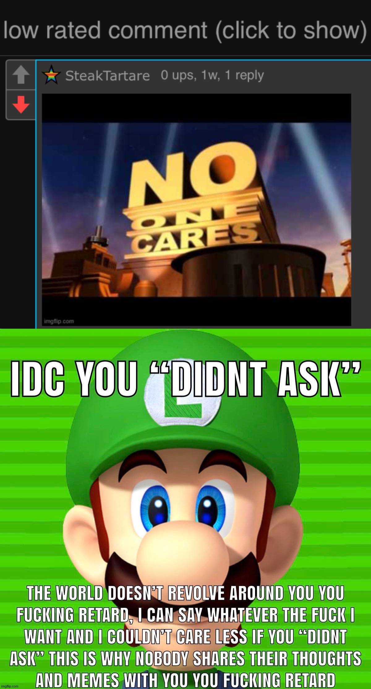 So toxic... | image tagged in low rated comment dark mode version,idc you didn t ask luigi | made w/ Imgflip meme maker