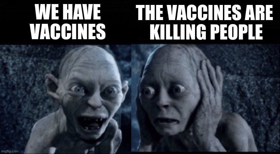 Smegol yes no hobbit | WE HAVE 
VACCINES; THE VACCINES ARE 
KILLING PEOPLE | image tagged in smegol yes no hobbit | made w/ Imgflip meme maker