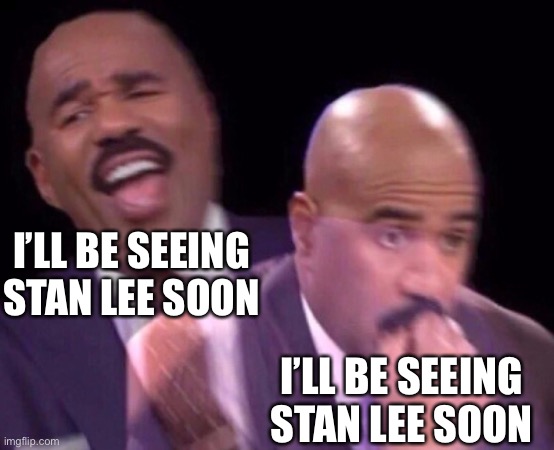 Steve Harvey Laughing Serious | I’LL BE SEEING STAN LEE SOON I’LL BE SEEING STAN LEE SOON | image tagged in steve harvey laughing serious | made w/ Imgflip meme maker