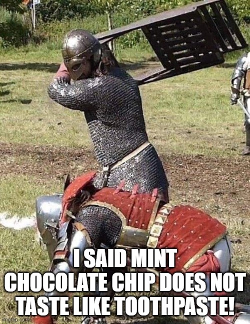 Knight Knight Chair Fight | I SAID MINT CHOCOLATE CHIP DOES NOT TASTE LIKE TOOTHPASTE! | image tagged in knight knight chair fight | made w/ Imgflip meme maker