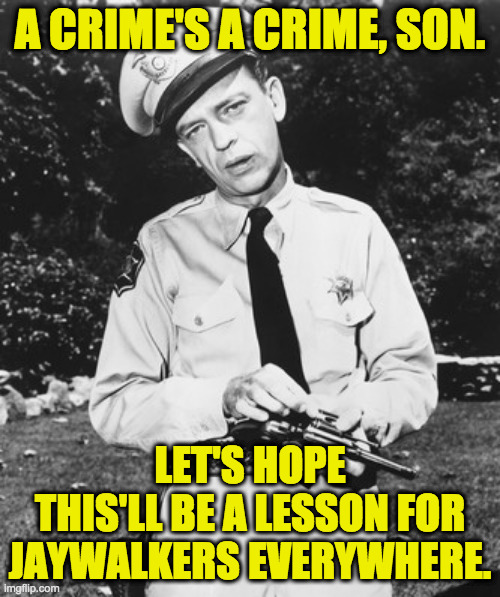 George Goober Lindsey's final episode. | A CRIME'S A CRIME, SON. LET'S HOPE
THIS'LL BE A LESSON FOR
JAYWALKERS EVERYWHERE. | image tagged in memes,mayberry rules,a crime's a crime,barney fife | made w/ Imgflip meme maker