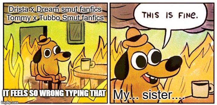 She even made me read them. ?? | Drista x Dream smut fanfics

Tommy x Tubbo Smut fanfics; IT FEELS SO WRONG TYPING THAT; My... sister.... | image tagged in memes,this is fine | made w/ Imgflip meme maker